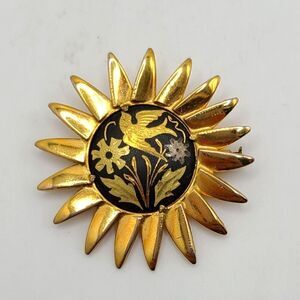 Vintage Damascene brooch, goldtone, sun flower bird